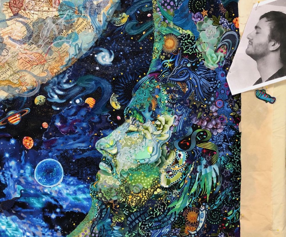 In Progress Fabric Collage: Quilt Stories—Sam’s Moon Portrait Part 3