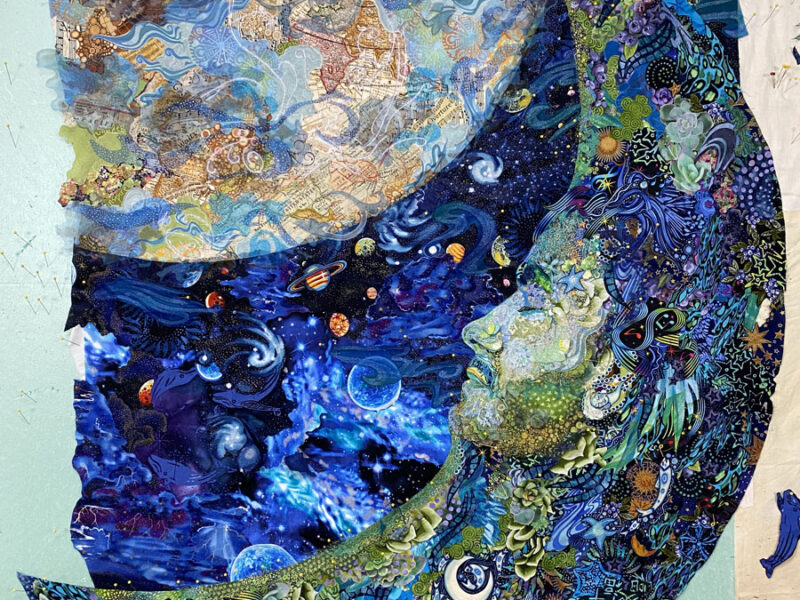 In Progress Fabric Collage: Quilt Stories—Sam’s Moon Portrait Part 3.5