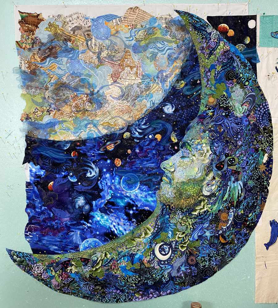 In Progress Fabric Collage: Quilt Stories—Sam’s Moon Portrait Part 3.5