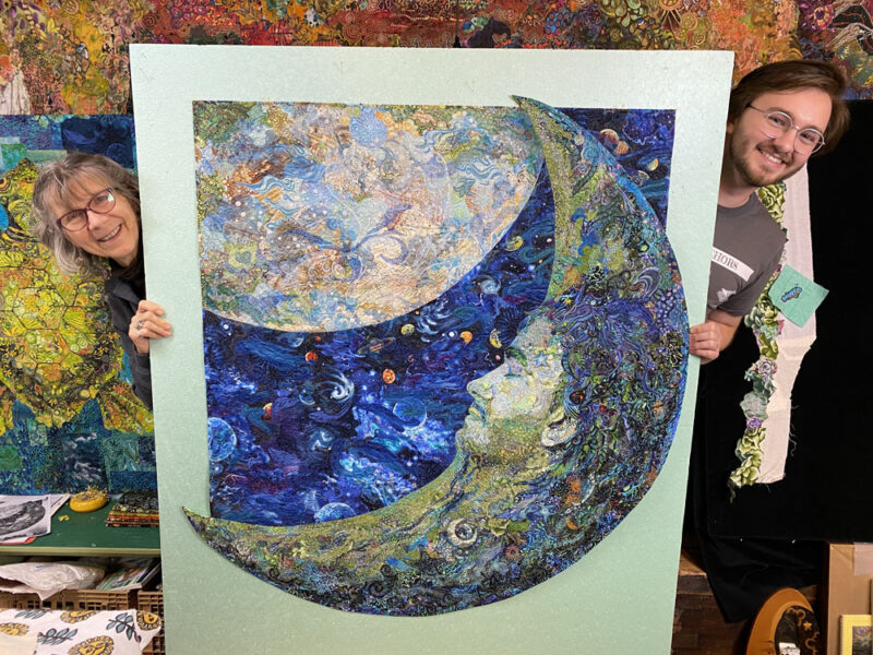 In Progress Fabric Collage: Quilt Stories—Sam’s Moon Portrait “Earthshine” Part 6—Finished!!