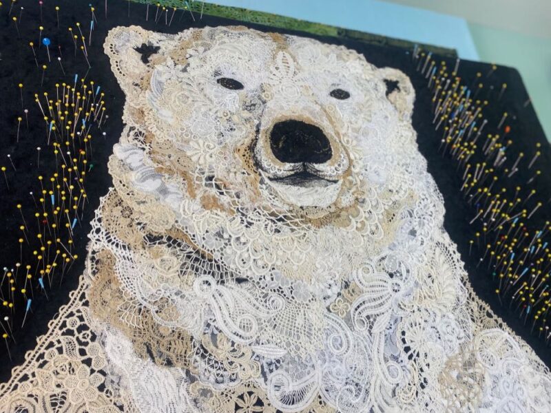 Susan Carlson Fabric Collage In Progress: Winfrieda the Lace Polar Bear—Third Draft and Finished!